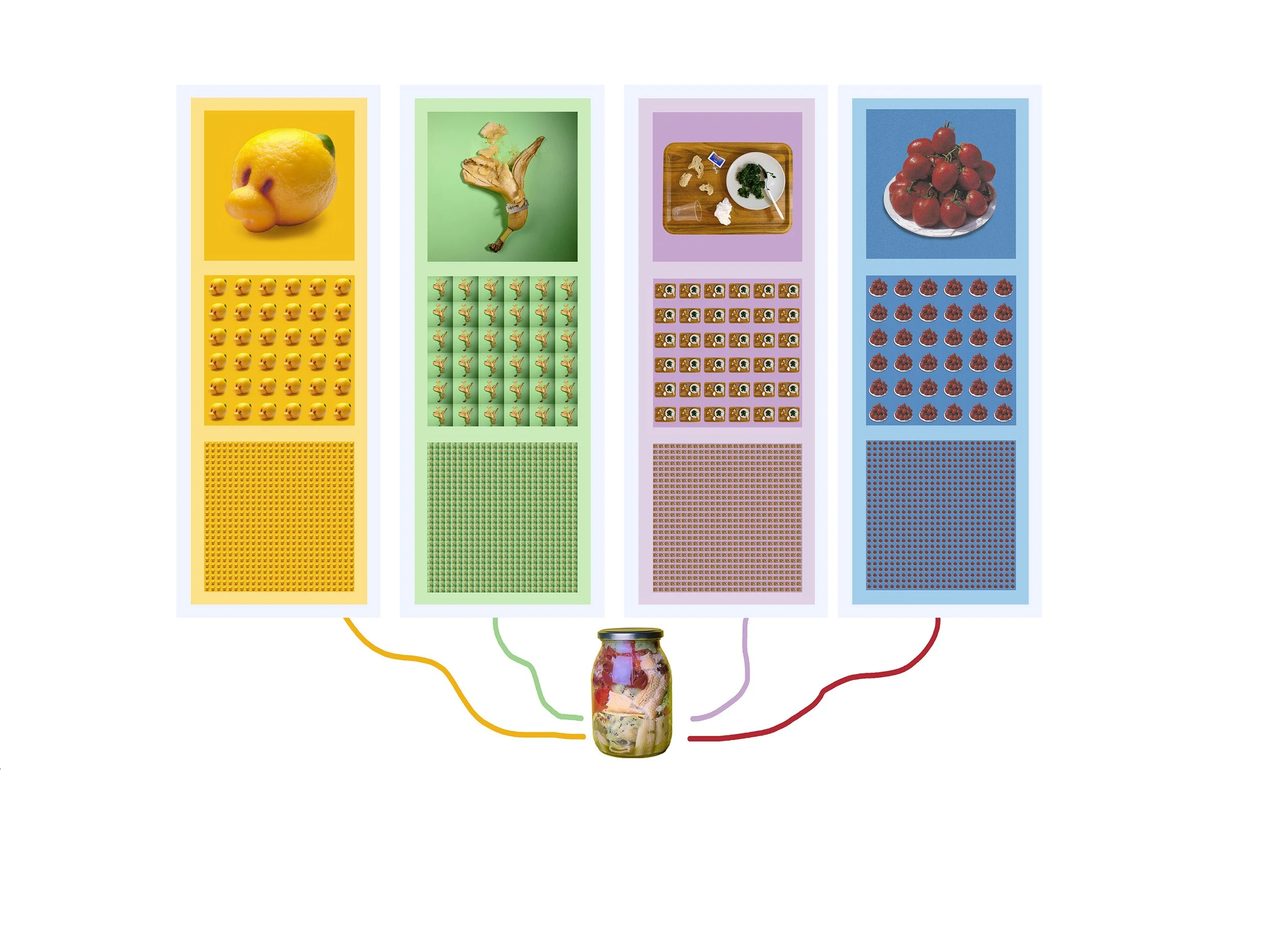 Infographic with four coloured columns showing imperfect food — lemon, artichoke, chopping board, cherry tomatoes — with quantities of waste represented by repeated icons, connected by coloured threads to a central jar