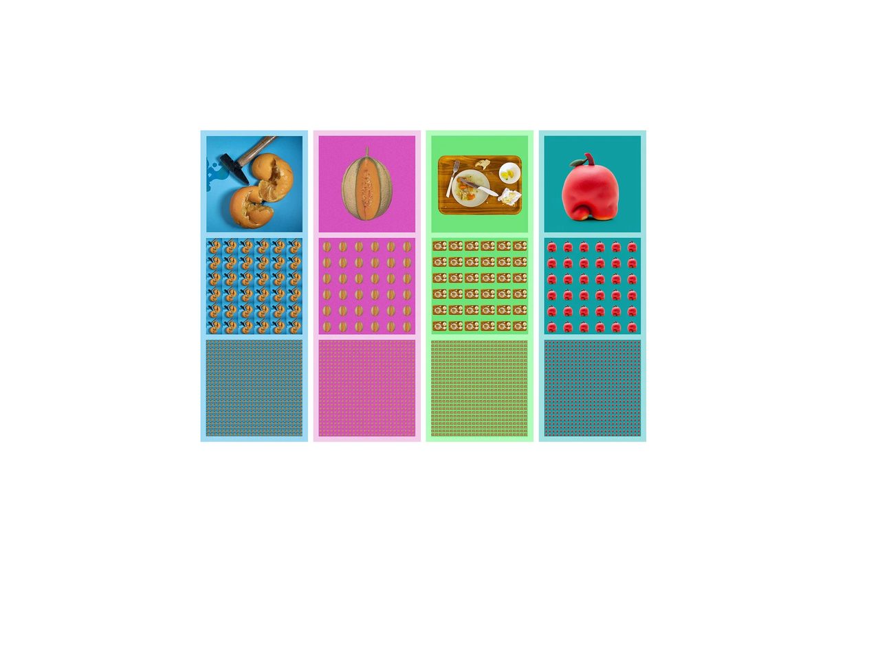 Seconda tavola infografica I'mPERFECT: quattro colonne su sfondi vivaci con funghi su pane, melone, piatto con cibo e mela rossa, con pattern di icone ripetute