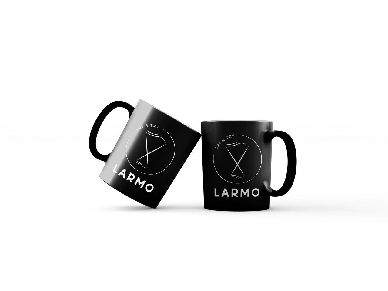 Two black mugs with LARMO logo and CRY & TRY slogan, merchandise for the Il museo delle lacrime project