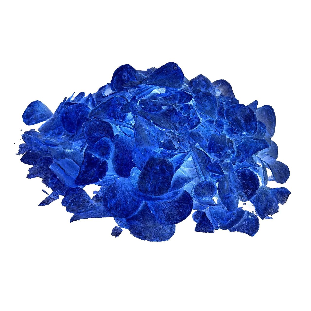 Patatine sparse con i colori invertiti in Photoshop: appaiono come schegge blu traslucide su sfondo bianco